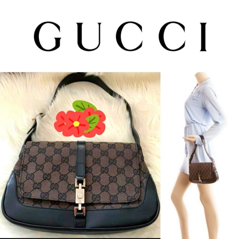 GUCCI Black Leather GG Monogram Canvas Jackie Bag
